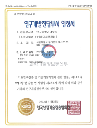 Corporate affiliated research institute certificate